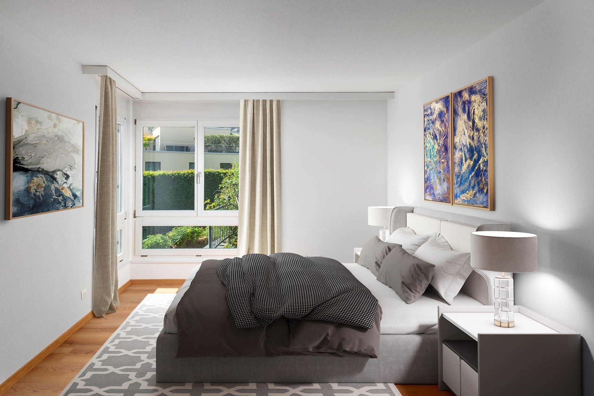 Helles Schlafzimmer mit modernem Staging