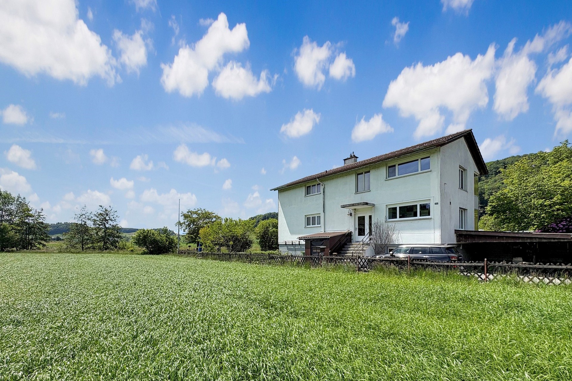 Einfamilienhaus auf grünem Grundstück