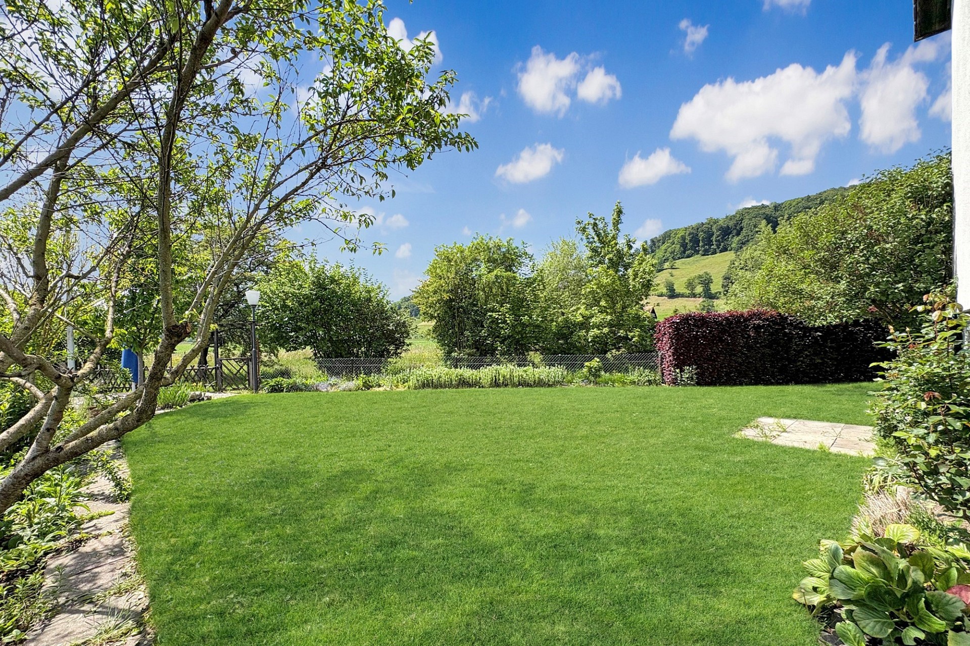 Gepflegter Garten mit Rasen und Bergblick