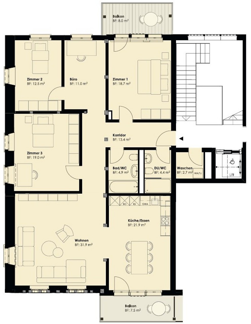 Grundriss einer Wohnung mit Balkon, Wohnbereich, Küche, Zimmern, Bad und Lift