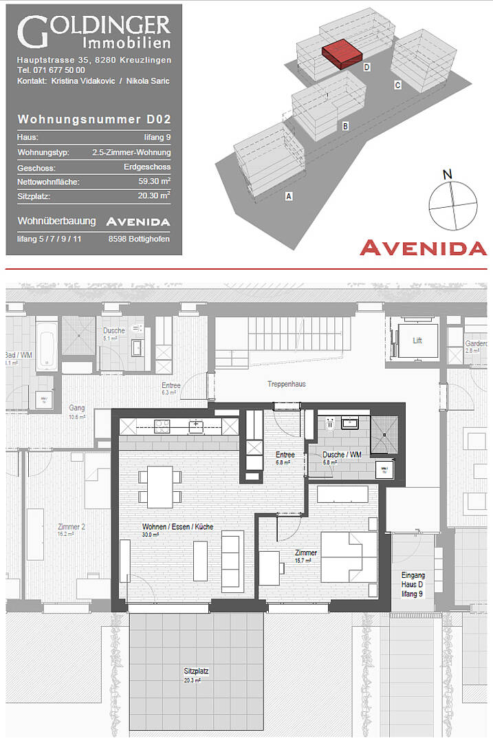 Grundriss einer Wohnung mit Wohnfläche und Sitzplatz