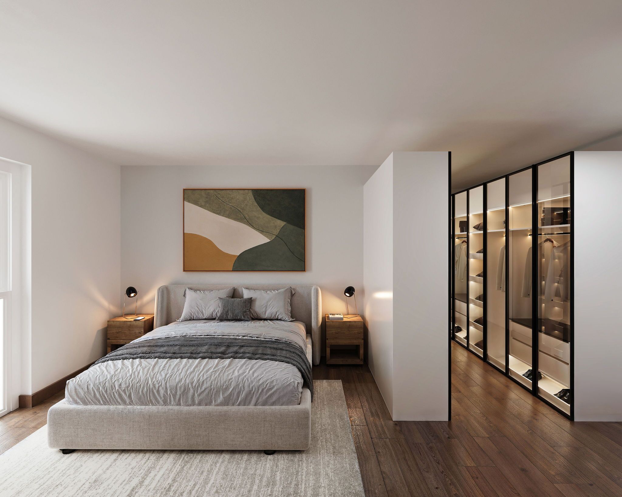 Modernes Schlafzimmer mit begehbarem Kleiderschrank