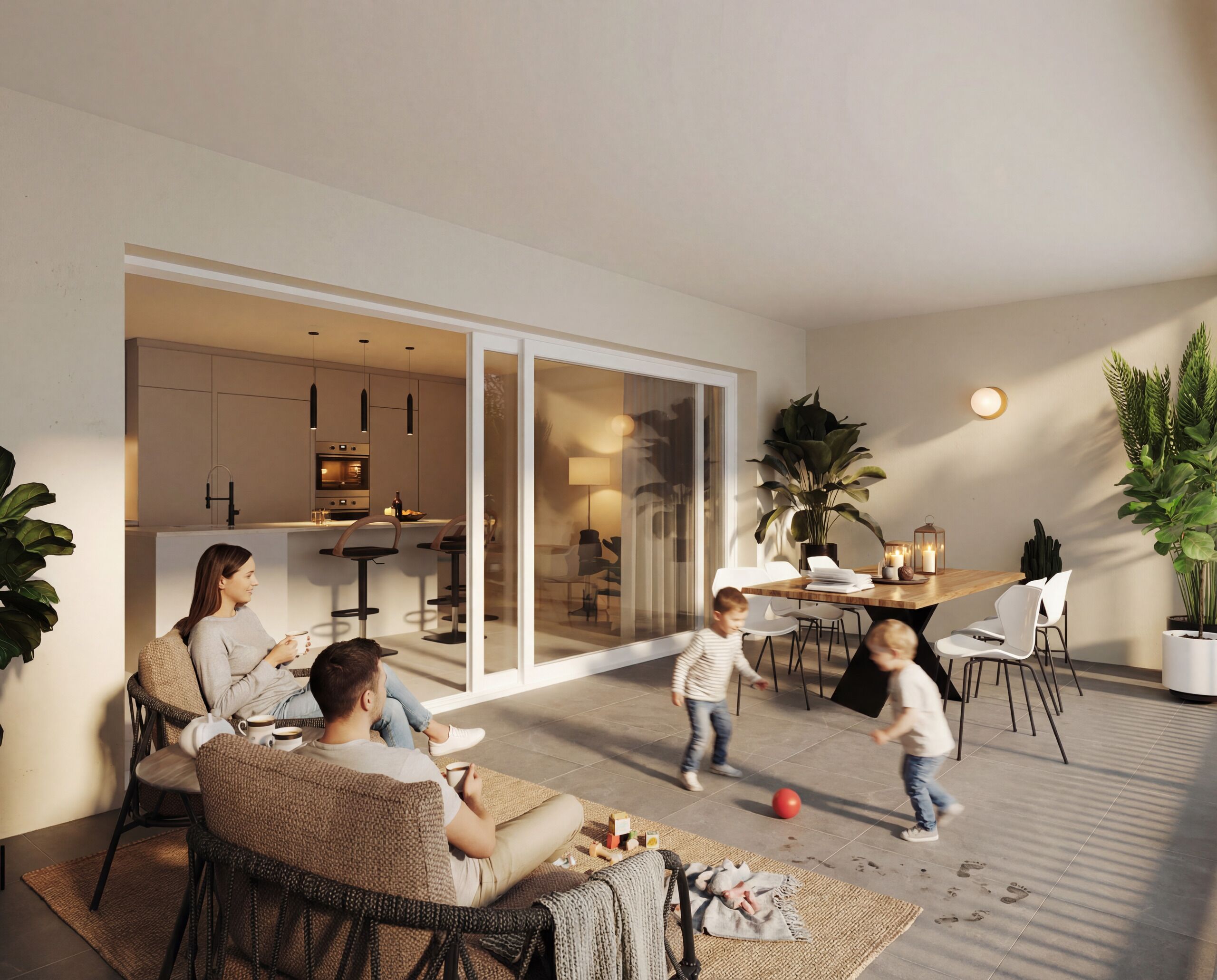 Offener Wohn-Essbereich mit Küche und Terrasse
