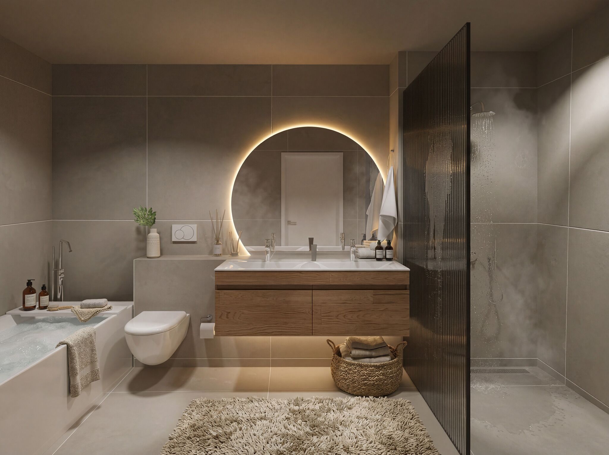 Modernes Badezimmer mit freistehender Wanne und beleuchtetem Rundspiegel