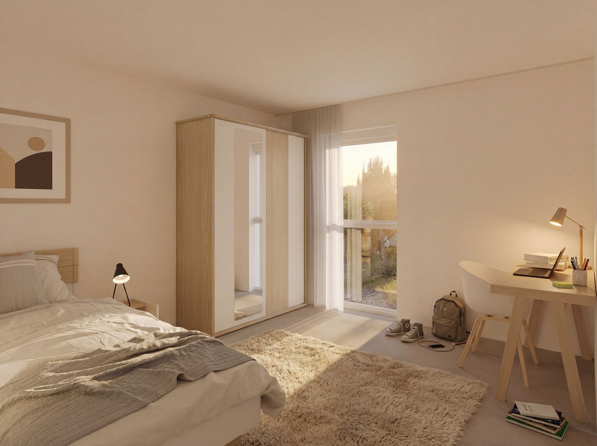 Helles Schlafzimmer mit Arbeitsbereich