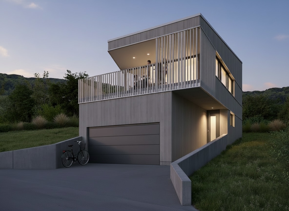Modernes Einfamilienhaus mit Dachterrasse bei Abendlicht