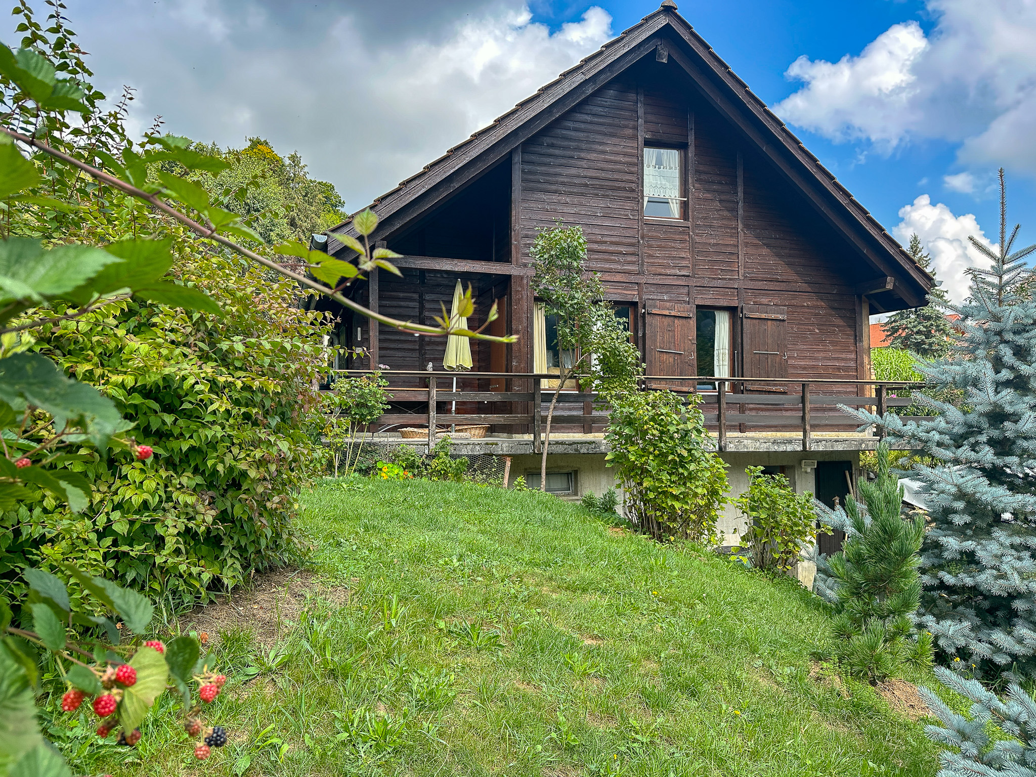 Holzhaus mit steilem Satteldach und Garten