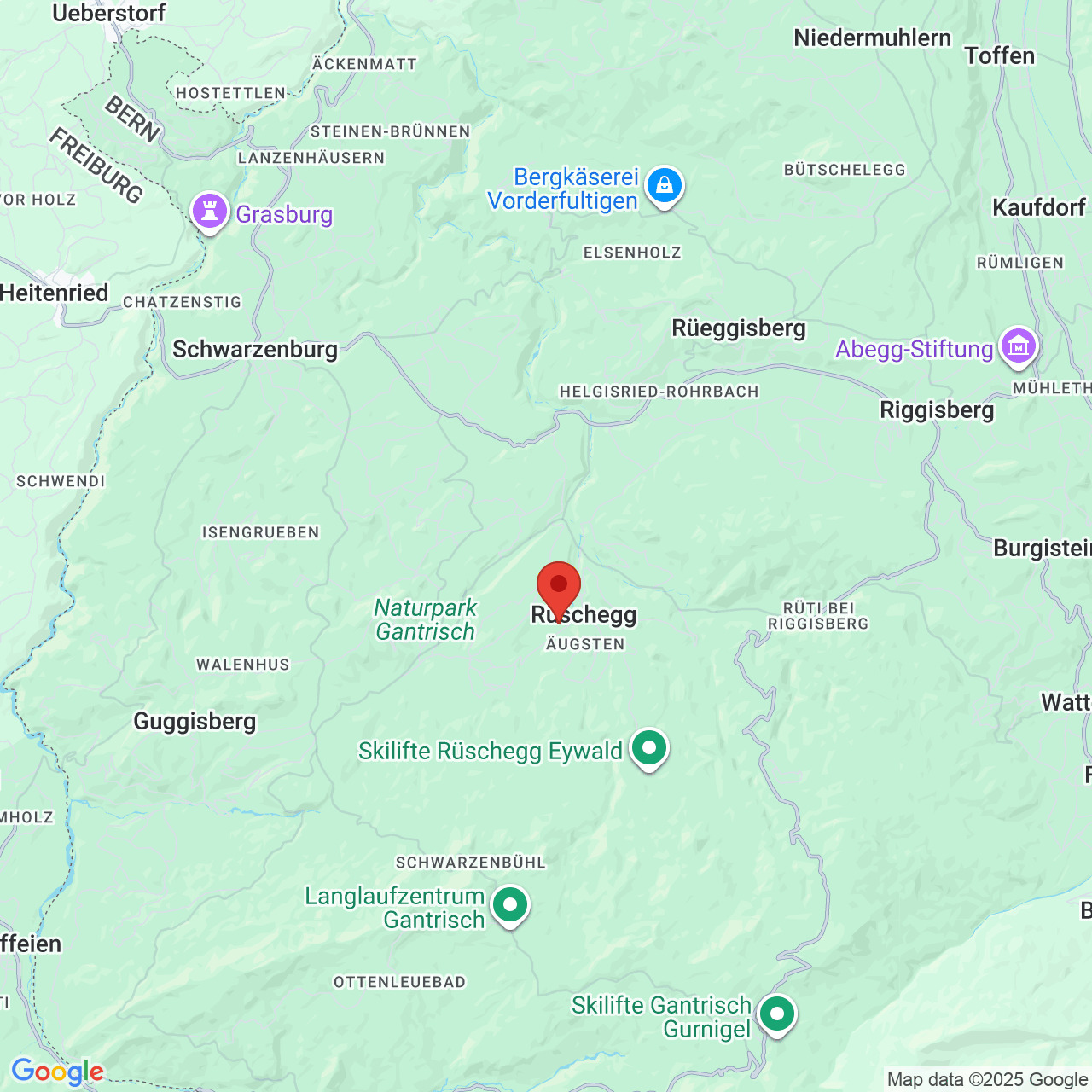Kartenausschnitt mit Standortmarkierung in Rüschegg