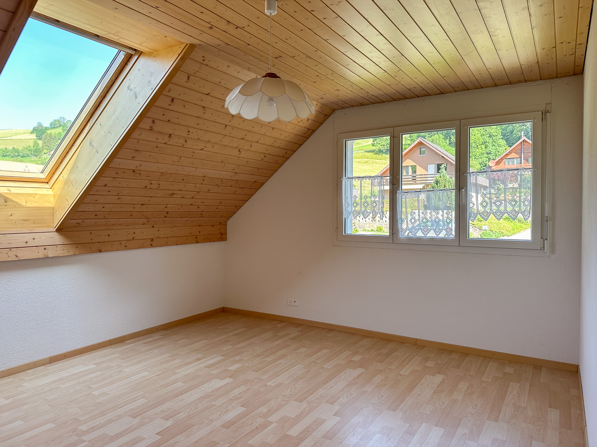 Heller Dachraum mit Holzdecke und Blick ins Grüne