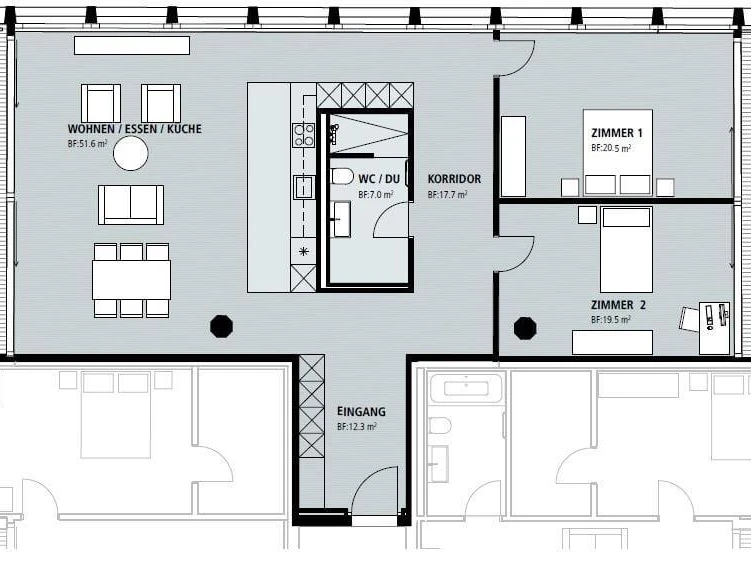 Wohnungs-Grundriss mit Wohn-Ess-Küche, zwei Zimmern und Bad/WC