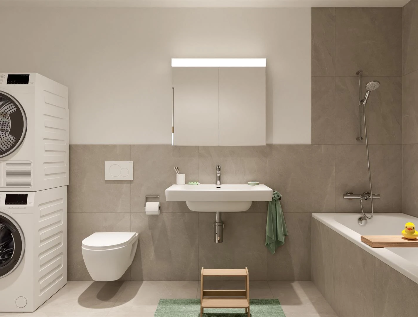 Modernes Badezimmer mit Waschtisch, Badewanne und Waschturm