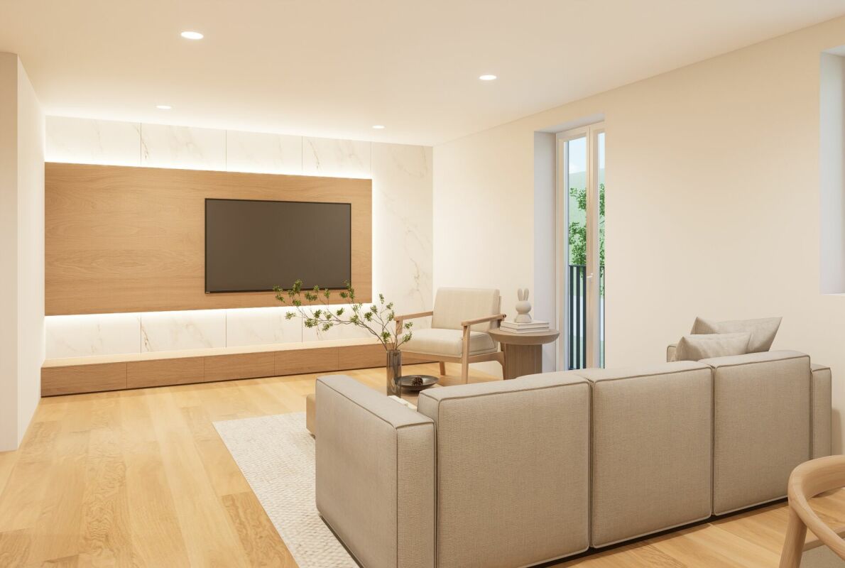 Heller minimalistischer Wohnraum mit TV-Wand