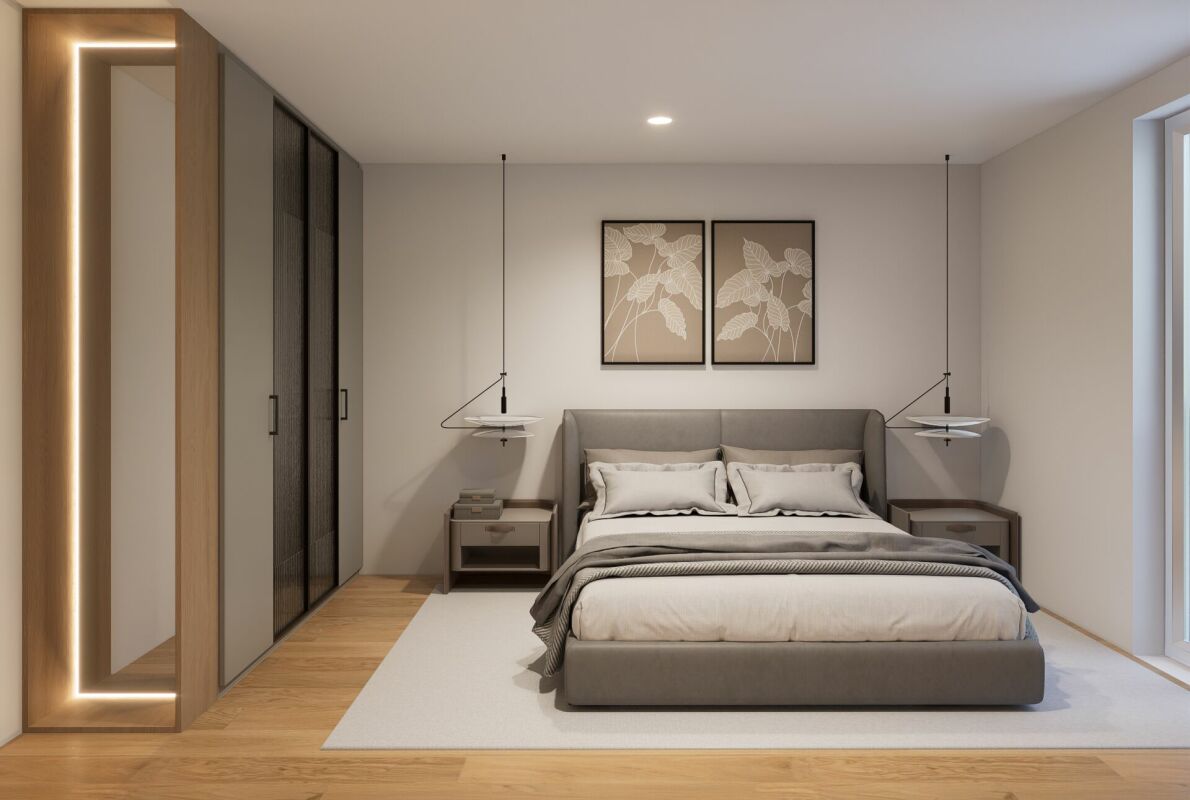 Modernes Schlafzimmer mit Einbauschrank und Bett
