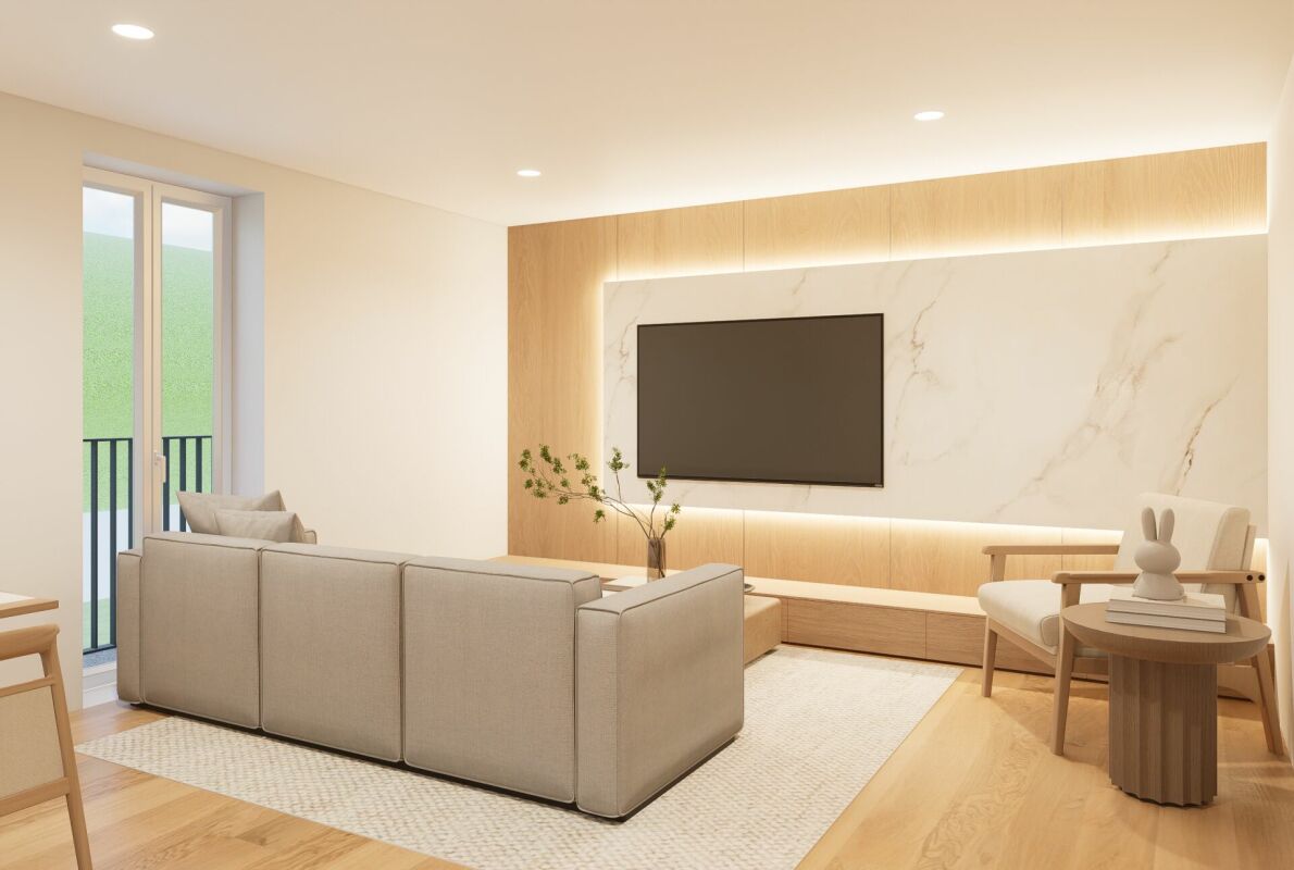 Modernes, helles Wohnzimmer mit TV-Wand