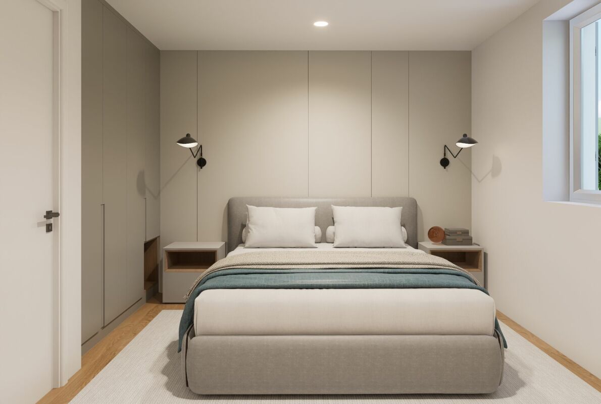 Modernes Schlafzimmer mit Einbauschrank und Doppelbett