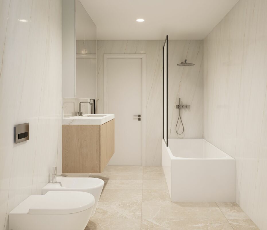 Modernes Badezimmer mit Wanne und Doppel-WC