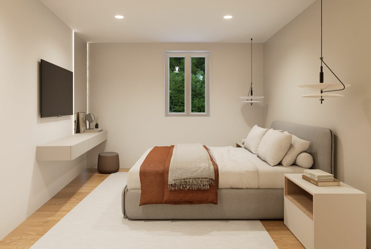Modernes Schlafzimmer mit Doppelbett und minimalistischer Einrichtung