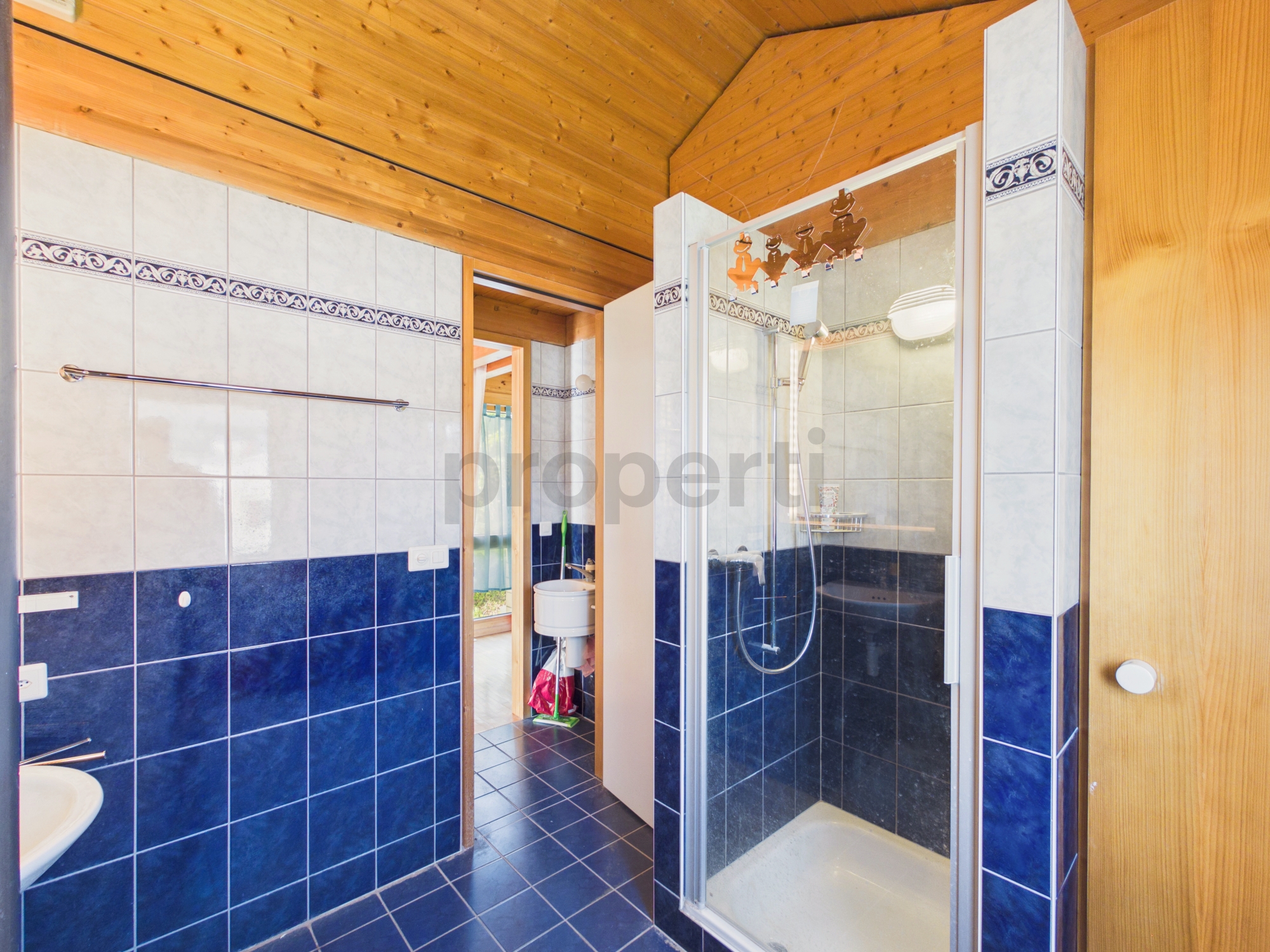 Badezimmer mit Dusche und Holzdecke