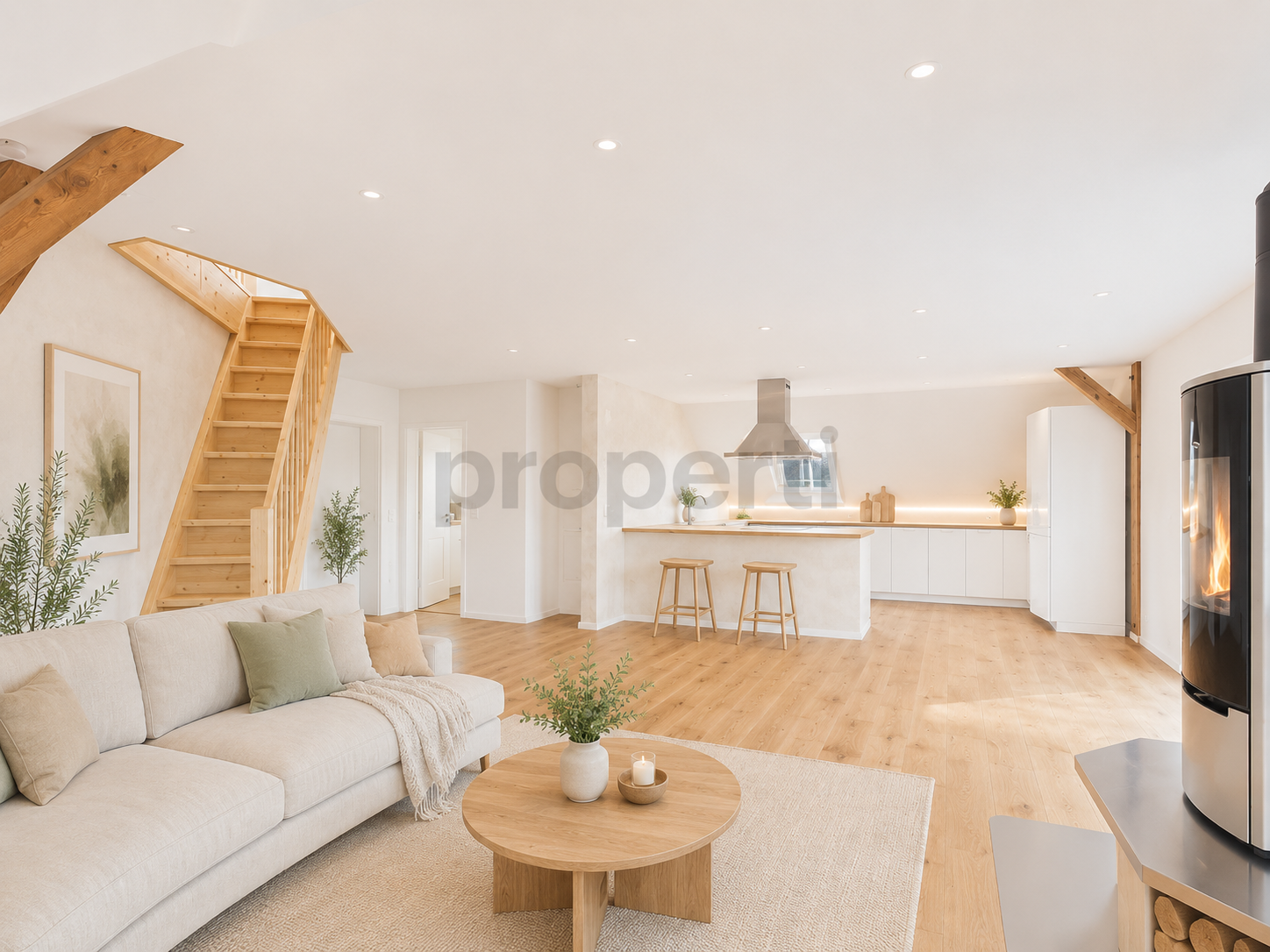 Offener Wohnbereich mit Küche und Holztreppe