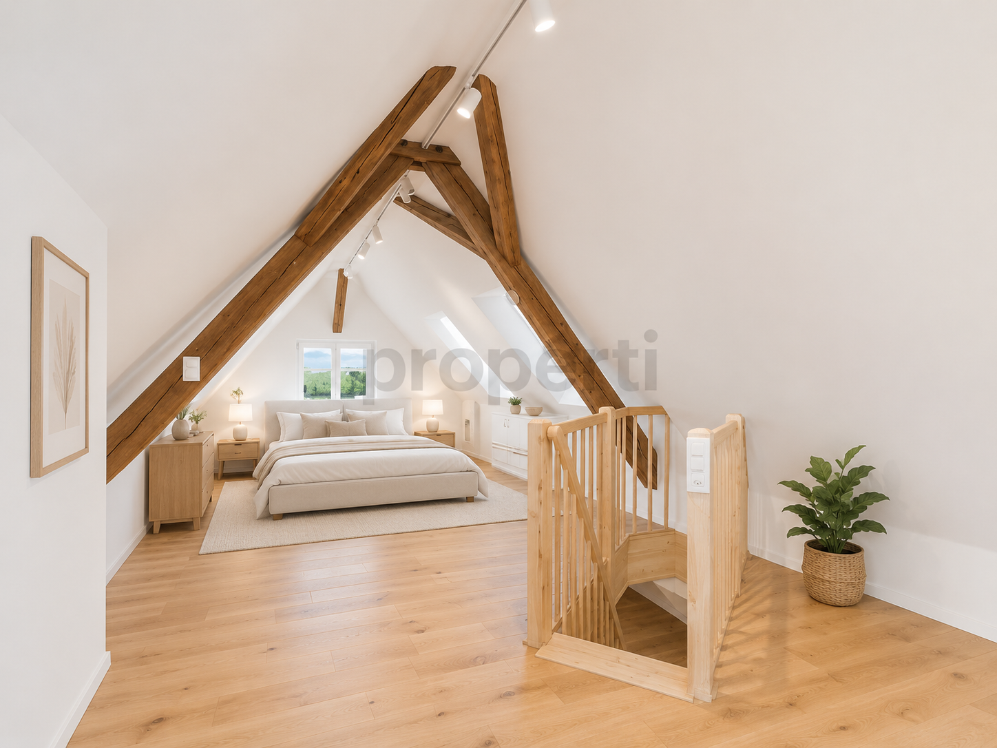 Helles Dachgeschoss-Schlafzimmer mit Galerie und Treppe