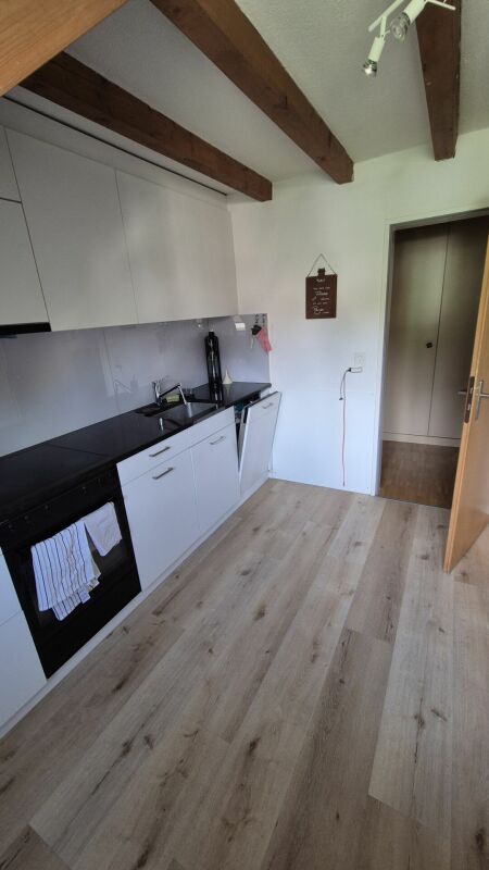 Kleine moderne Küche mit sichtbaren Holzbalken