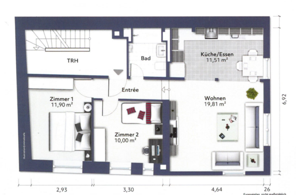 Grundriss einer Wohnung mit drei Zimmern, Küche, Bad und Entrée