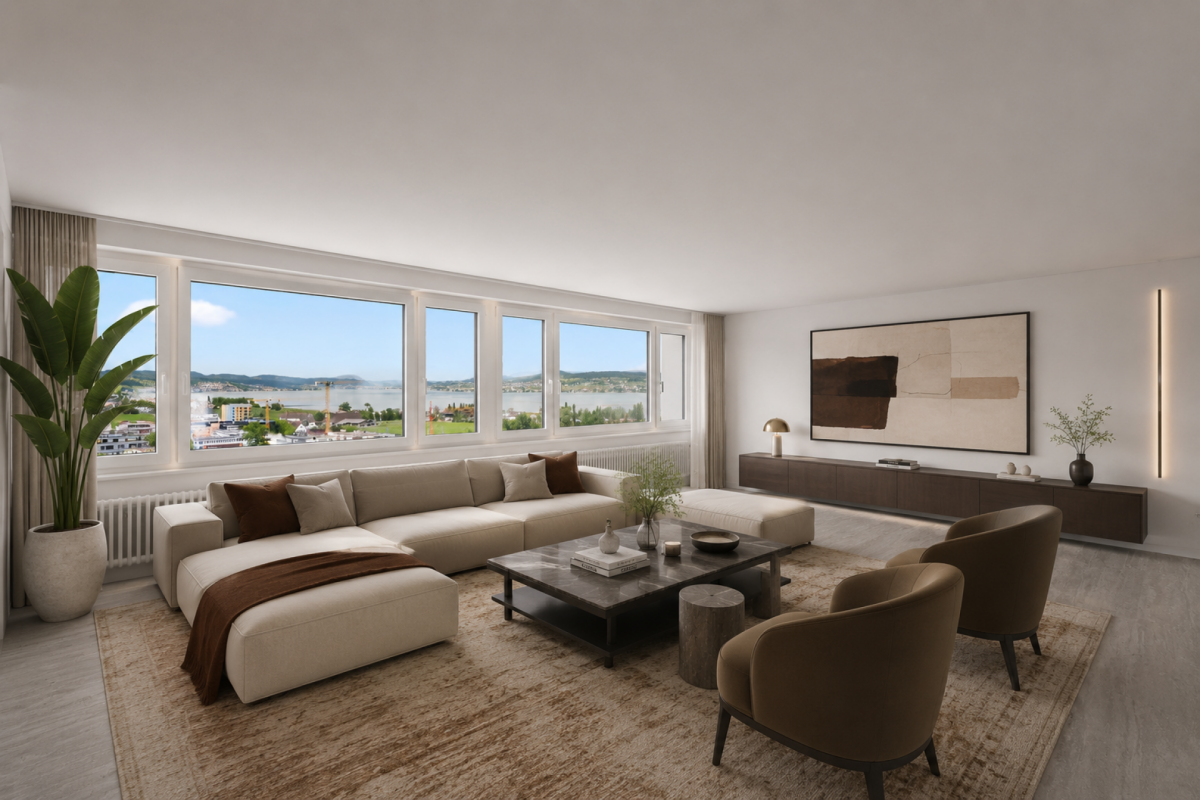 Heller, moderner Wohnraum mit Panoramafenster und Seeblick
