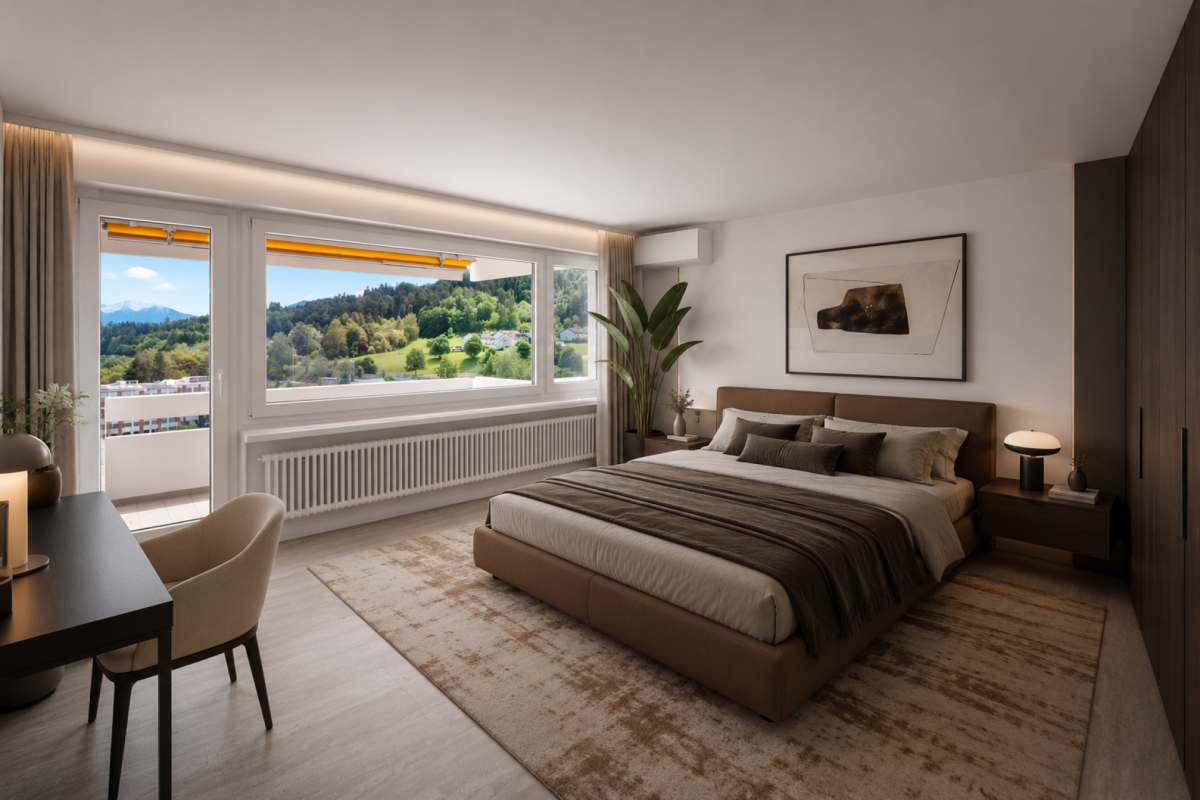 Modernes Schlafzimmer mit Panoramablick