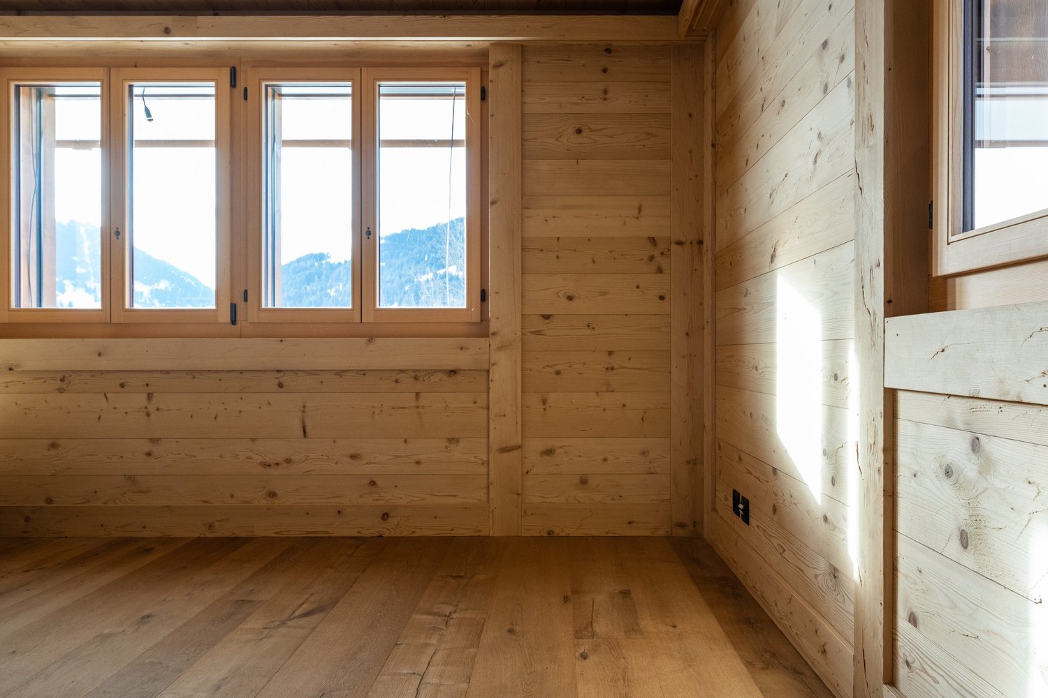 Holzvertäinter Raum mit Bergblick