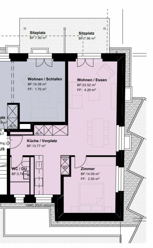 Grundriss einer Wohnung mit Sitzplätzen und mehreren Räumen