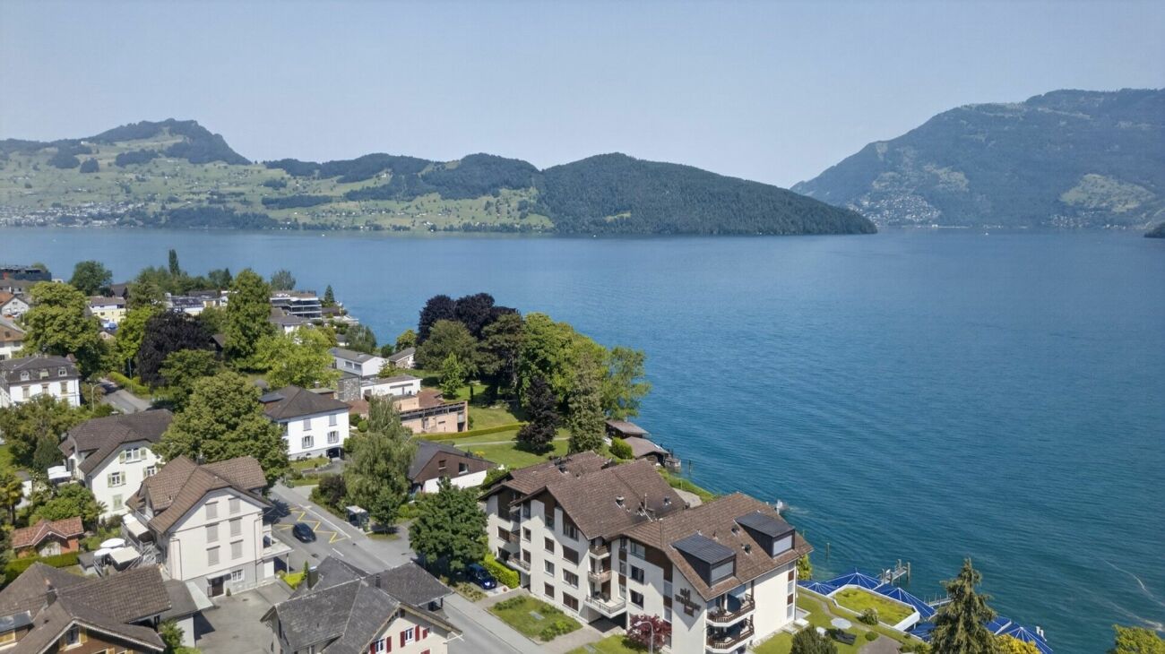 Luftaufnahme einer Wohnlage am See