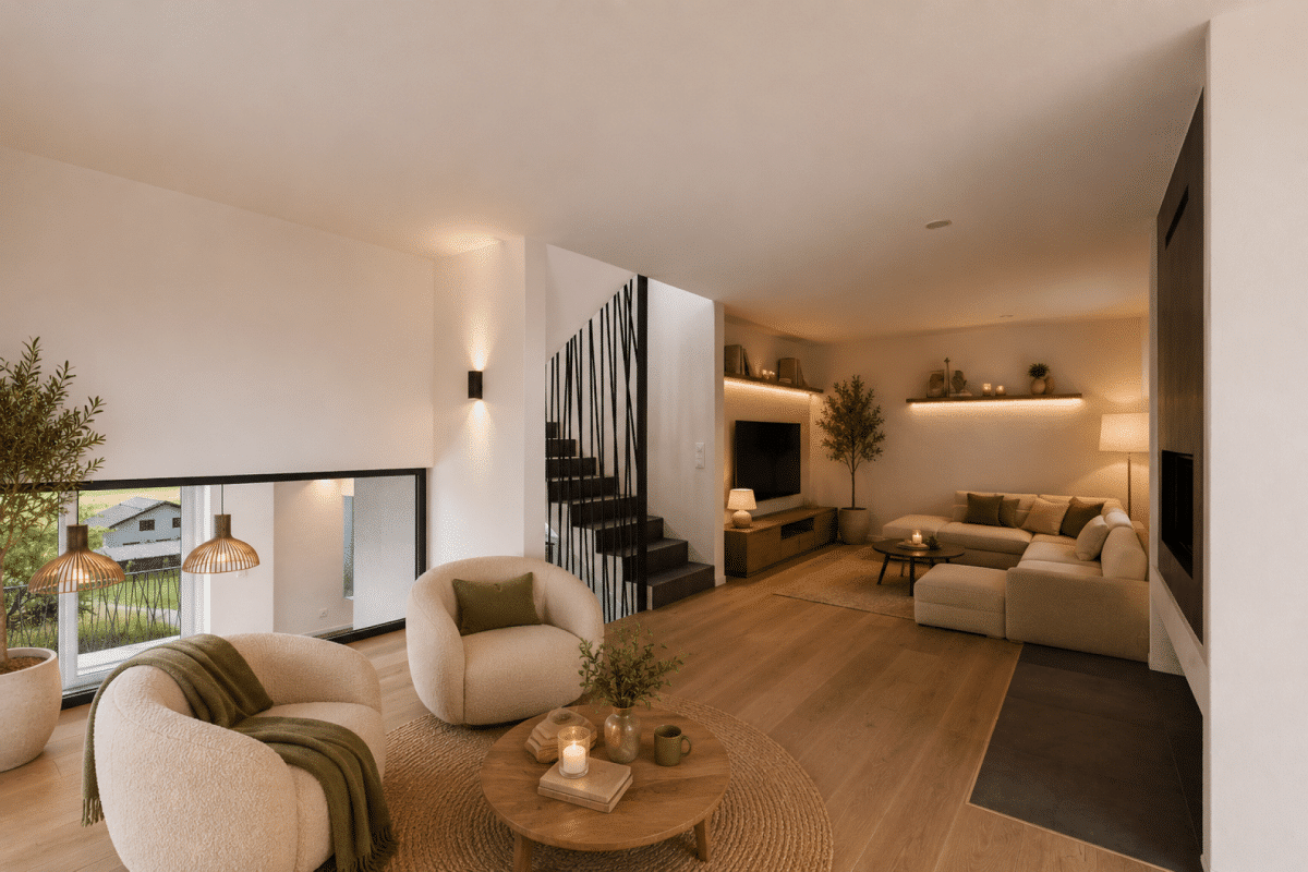 Offener Wohnbereich mit moderner Lounge und Treppe