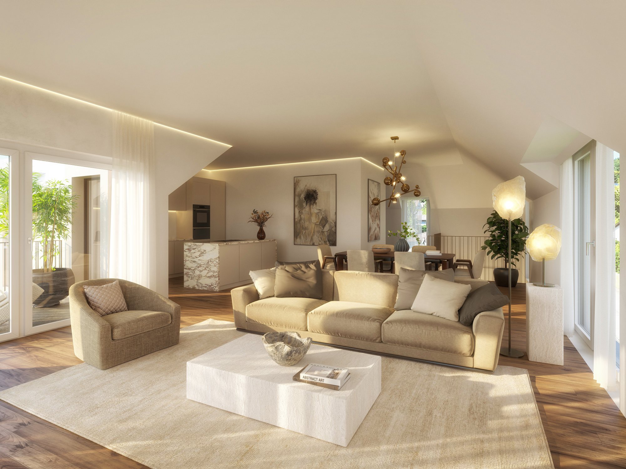 Helles offenes Wohn-Esszimmer mit Designküche