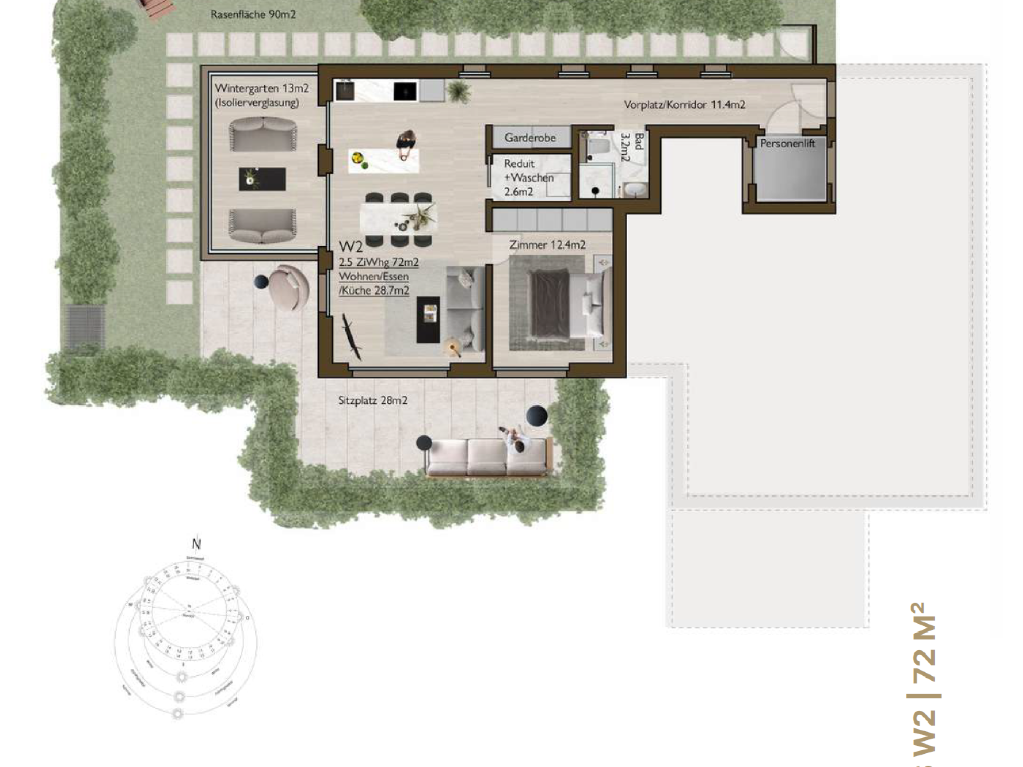 Grundriss einer Wohnung mit Terrasse und Wintergarten