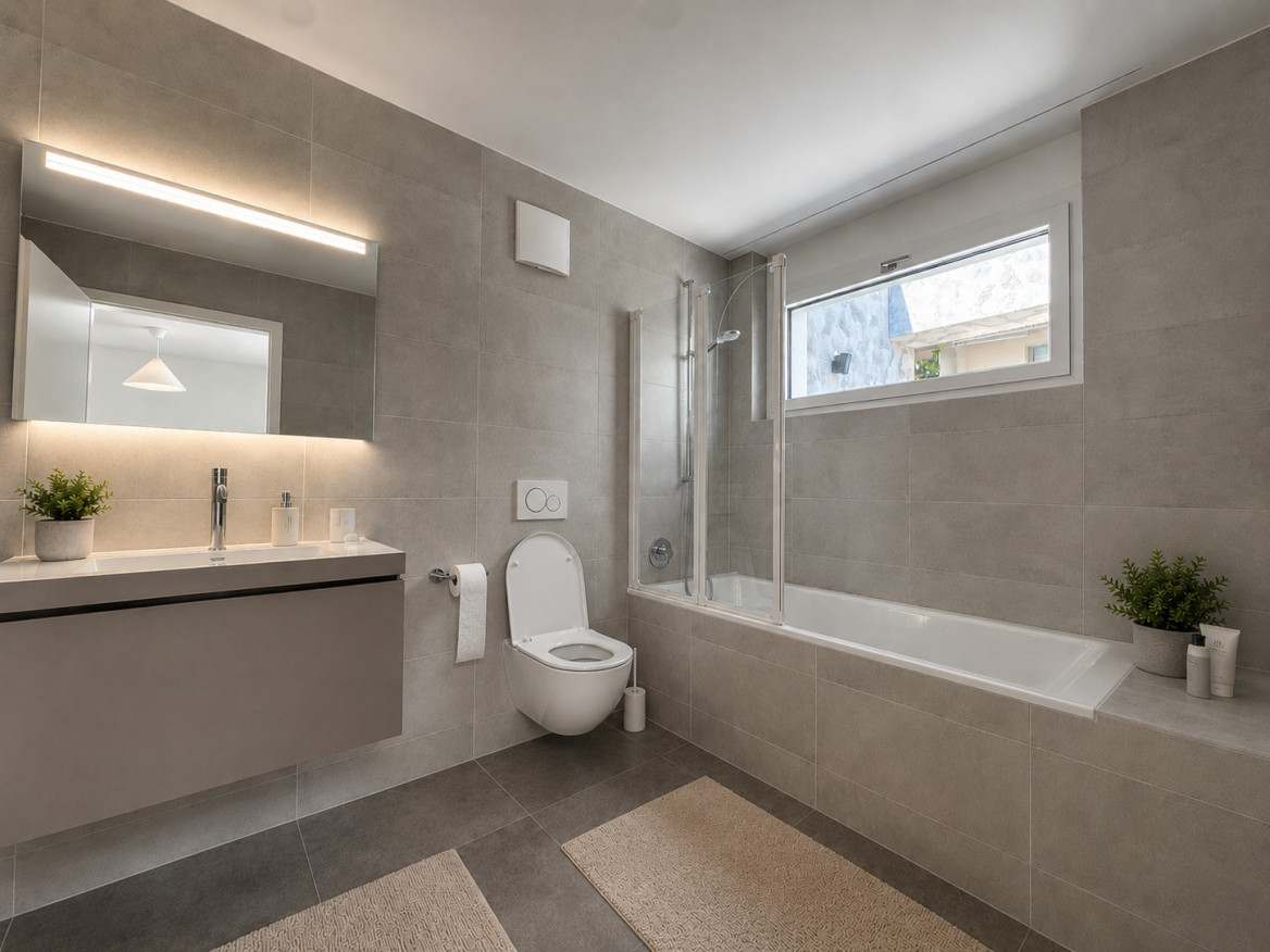 Modernes Badezimmer mit Badewanne und Fenster