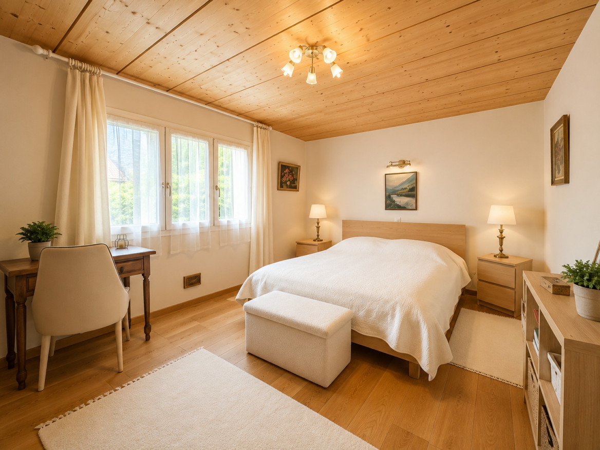 Helles Schlafzimmer mit Holzdecke