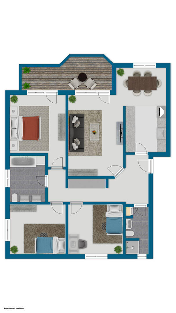 Grundriss einer Wohnung mit möblierter Raumaufteilung