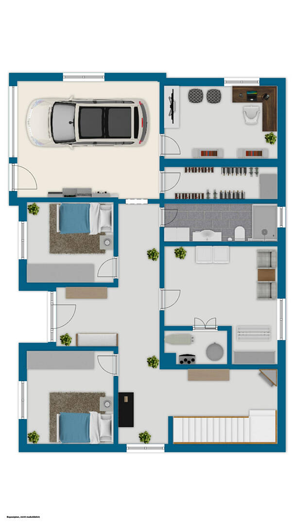 Grundriss eines Hauses mit Garage, Schlafzimmern, Bad und Flur