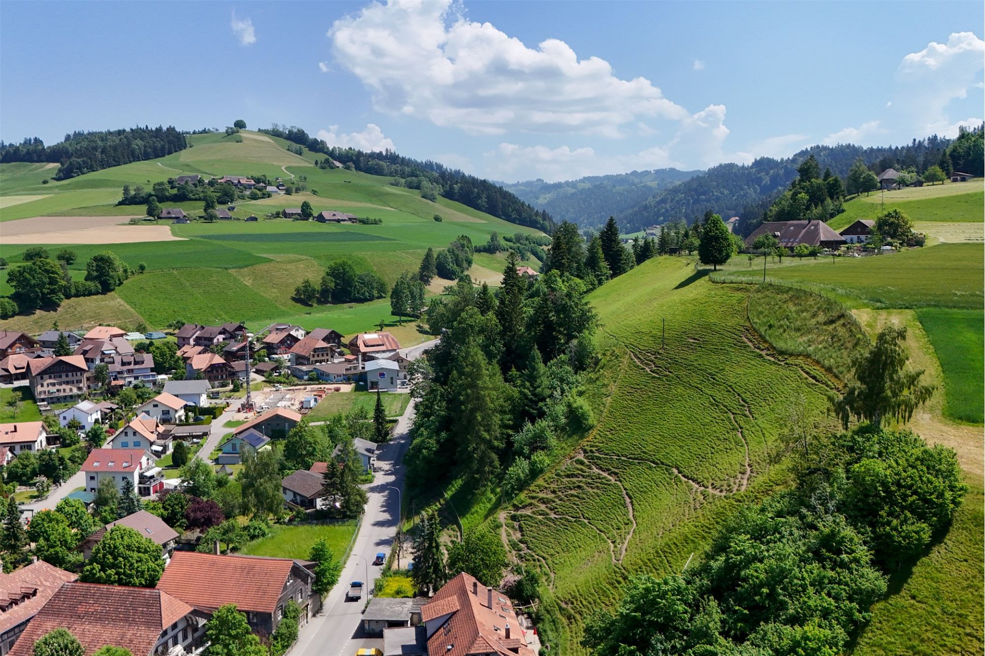 Luftaufnahme einer grünen Hügellandschaft mit Dorf