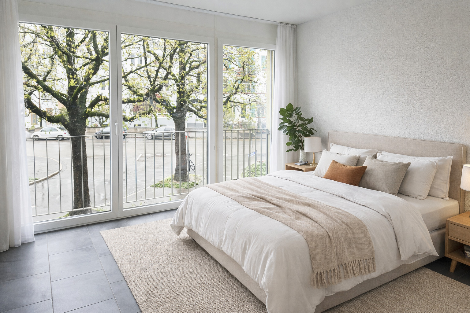 Helles Schlafzimmer mit großen Fenstern