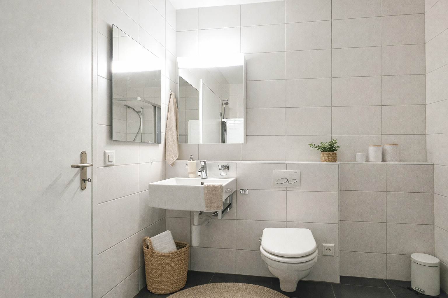 Helles Gäste-WC mit wandhängendem Waschbecken und WC