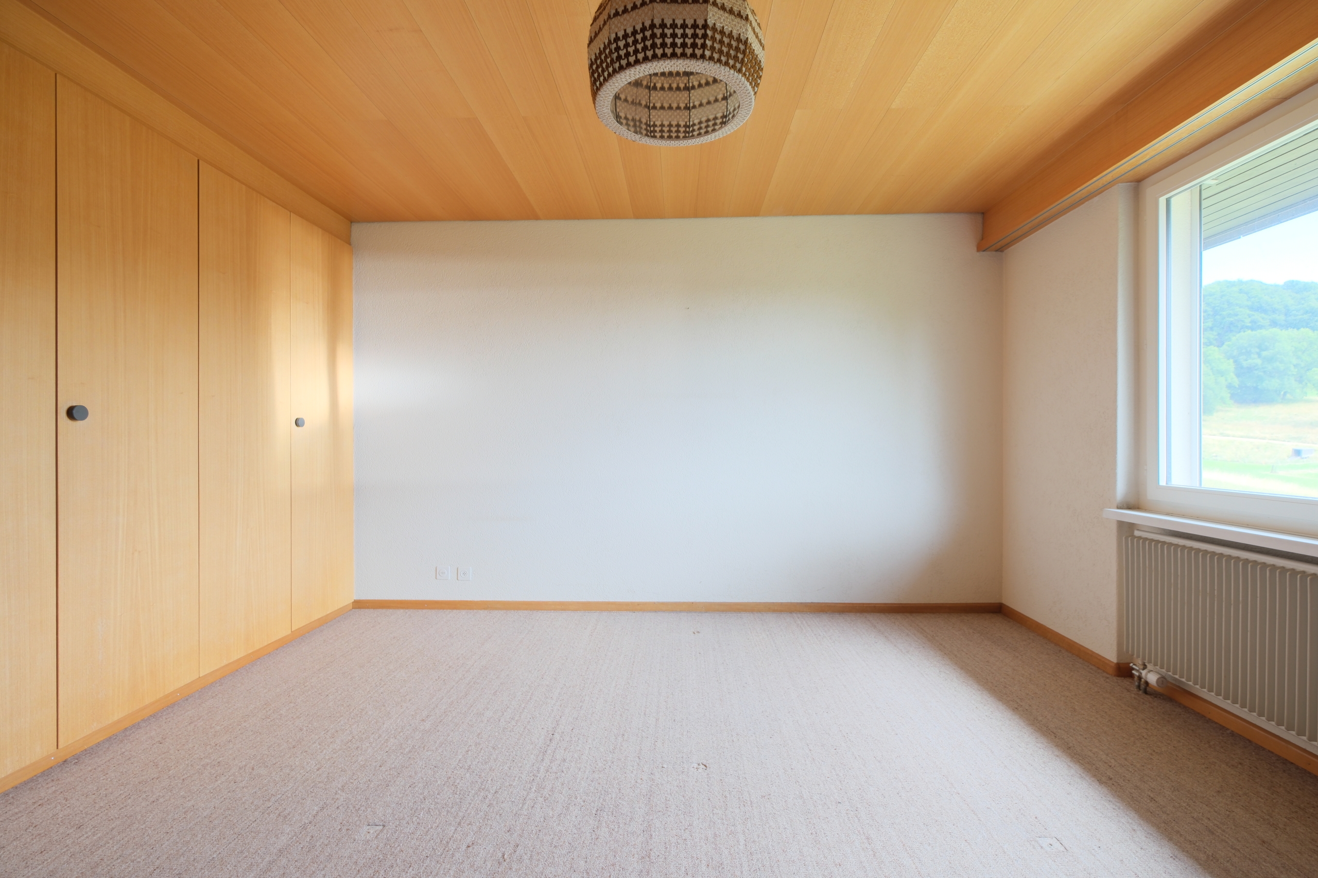 Leeres Zimmer mit Einbauschrank und Fensterblick