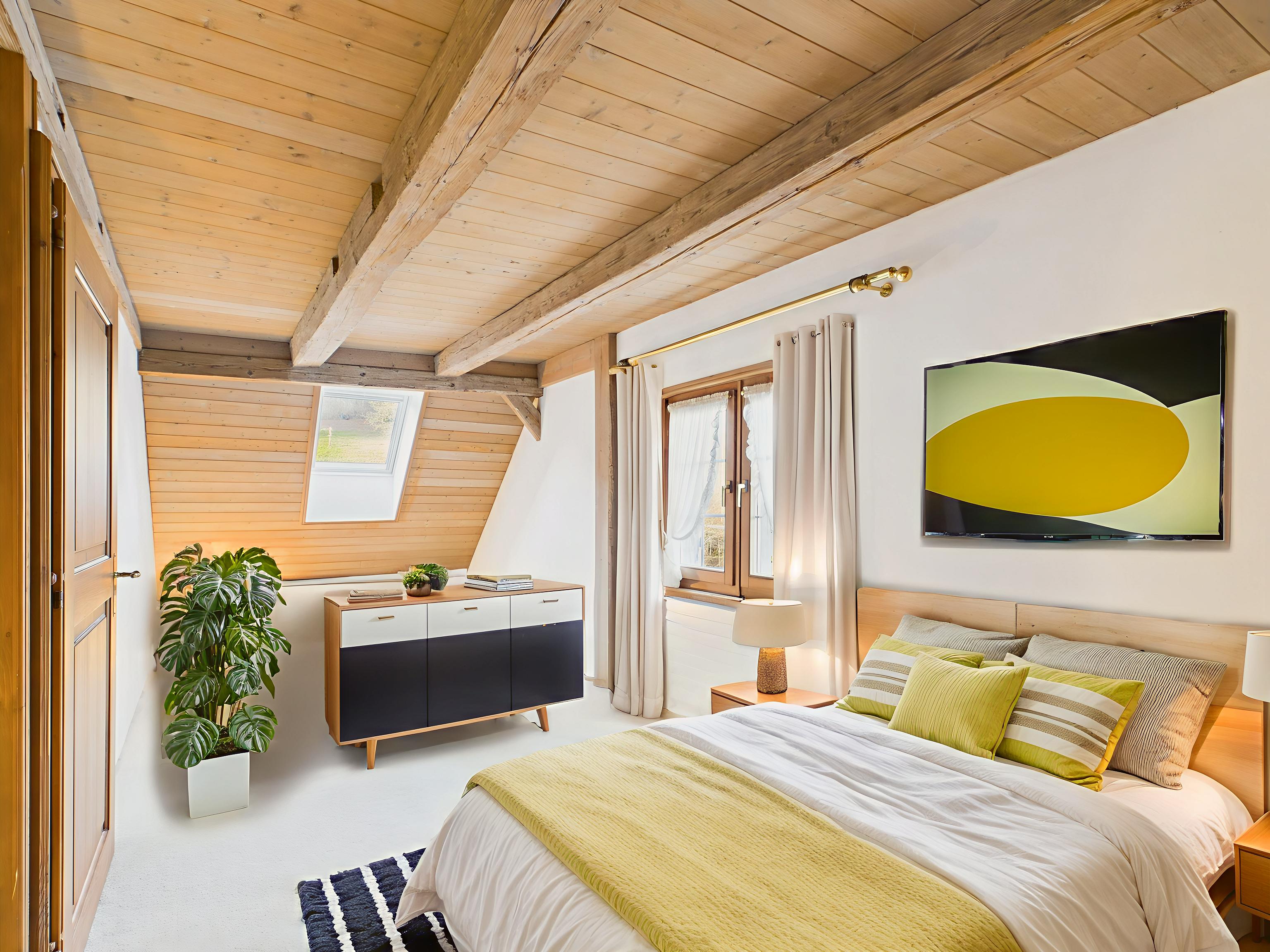 Helles Dachgeschoss-Schlafzimmer mit Holzbalken