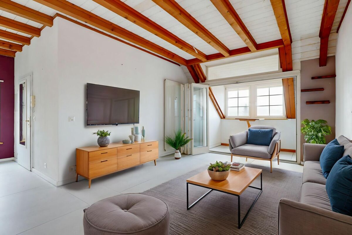 Helles Wohnzimmer mit Dachbalken