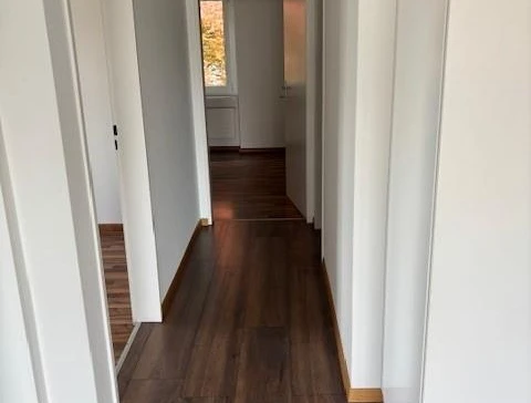Heller Flur mit dunklem Boden