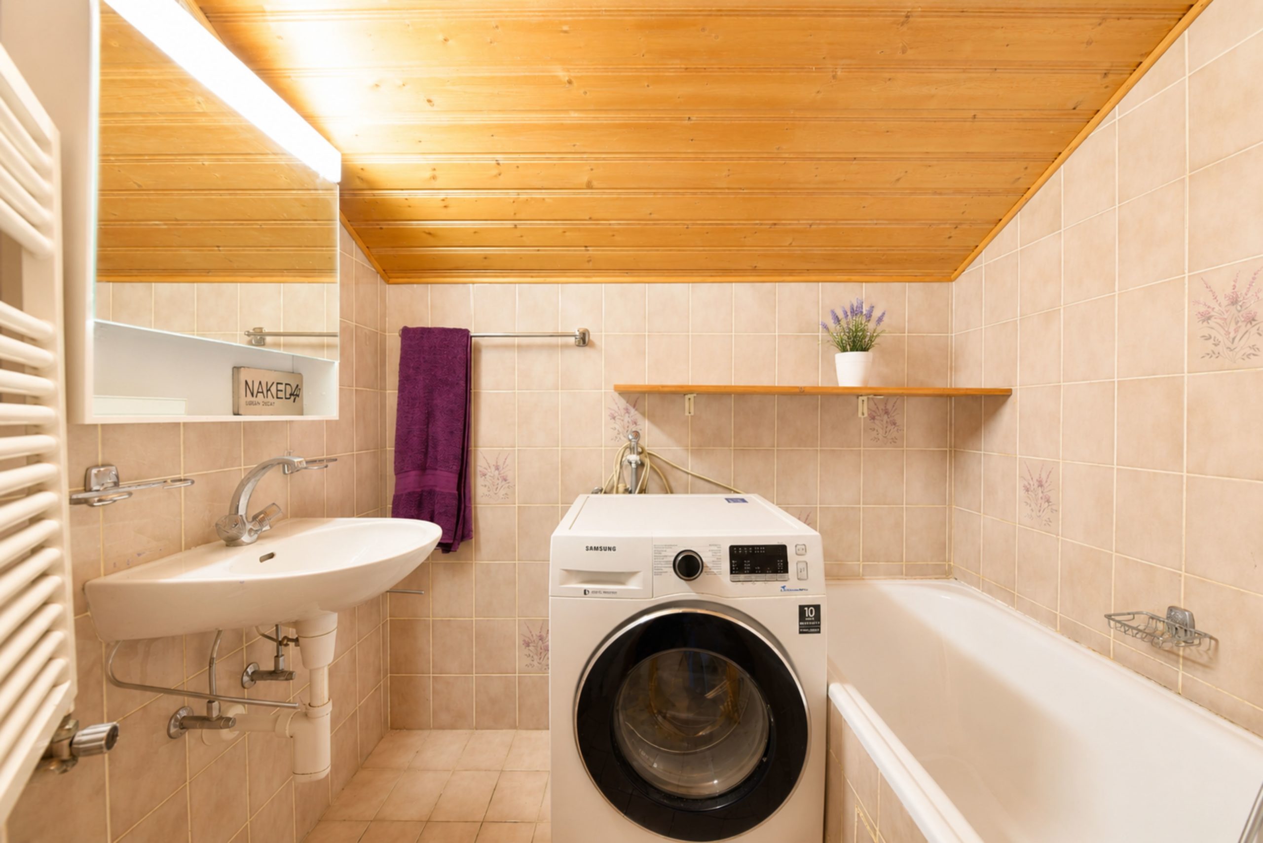 Waschraum mit Badewanne und Waschmaschine