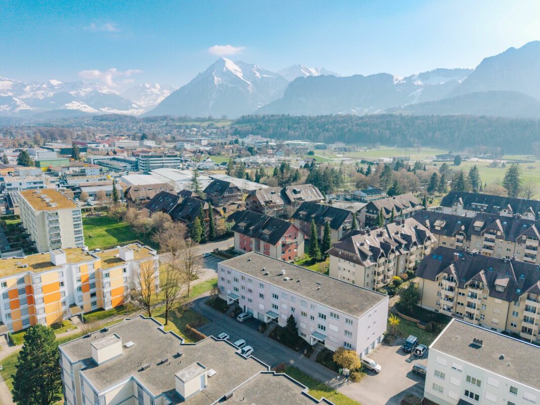 Stadtansicht mit Bergpanorama