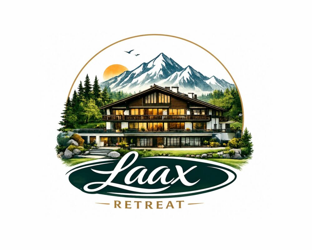 Markenlogo mit Chalet-Illustration und Bergkulisse