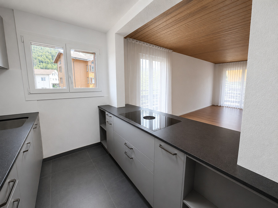 Offene Küche mit Blick in den Wohnbereich