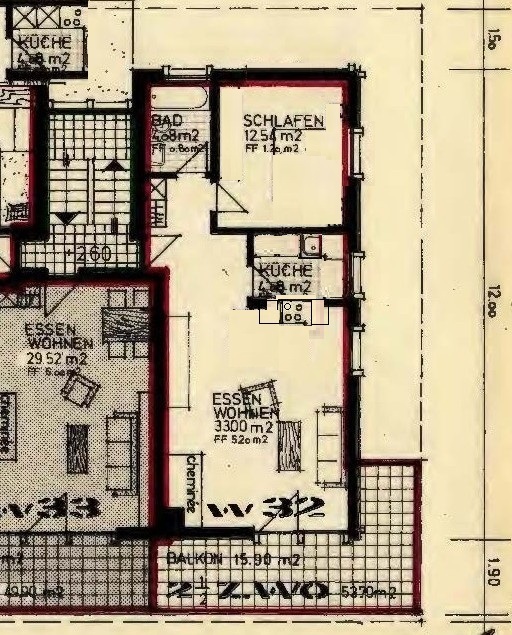 Wohnungsgrundriss mit Balkon und mehreren Räumen